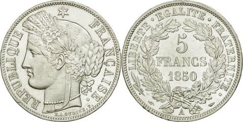 RARE MONNAIE 5 F CERES 1850 A    SPL 185 Raismes (59)