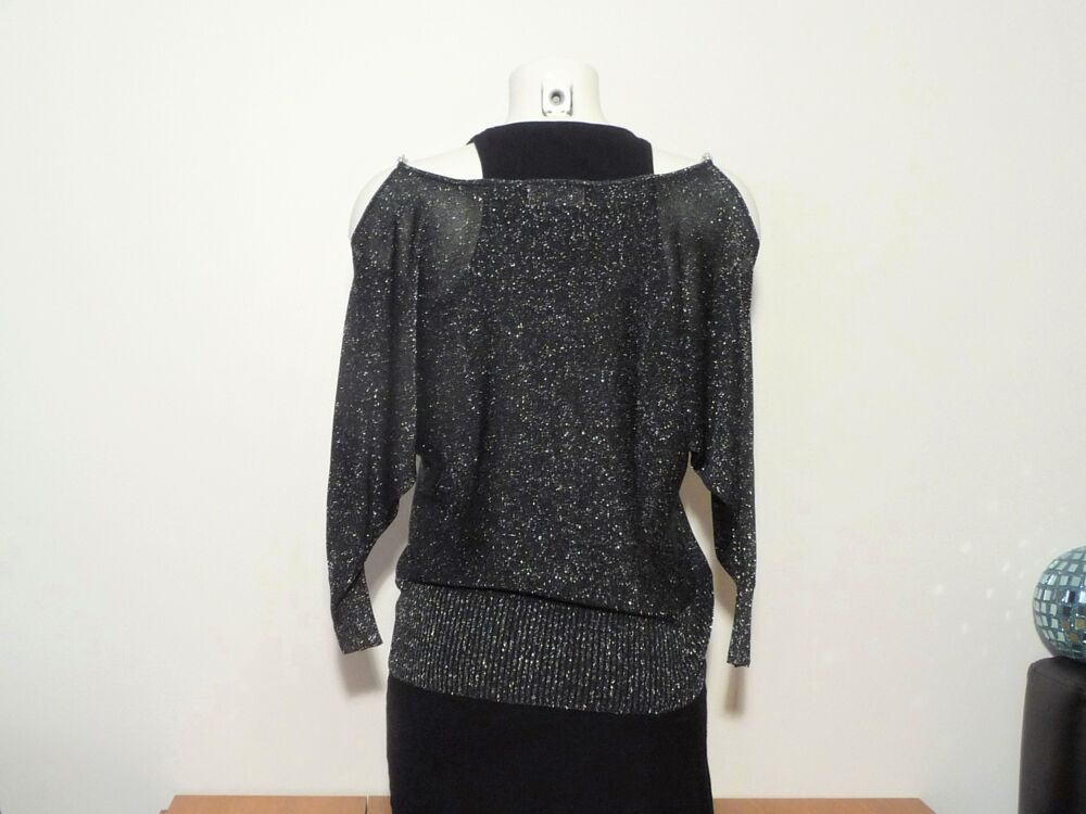 Pull Noir et Argent&eacute; Bretelle M&eacute;tal Argent&eacute;-By Laetitia E&amp;M Vêtements