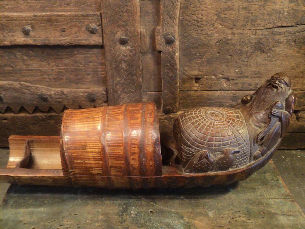 Bambou Sculpt&eacute; Chine P&ecirc;cheur Jonque Antique Chinese 
