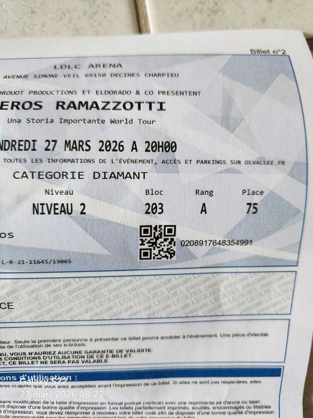 2 places concert eros ramazzotti Billetterie