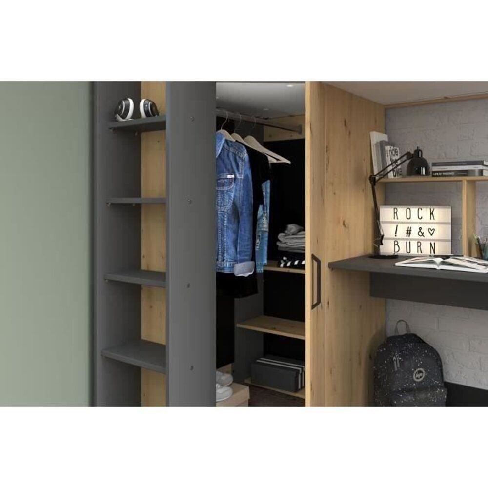 Lit combin&eacute; mezzanine enfant PARISOT HIGH - Ch&ecirc;ne et gris - Mobilier enfants