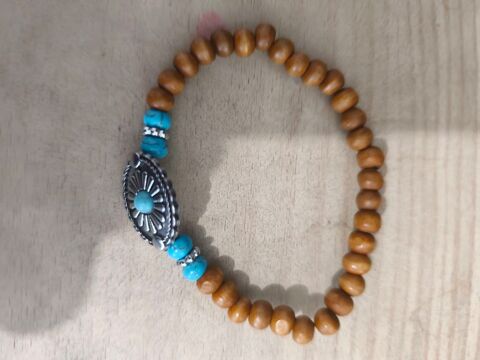 Bracelet  femme perle en bois marron clair et bleu clair ave 3 Gastes (40)