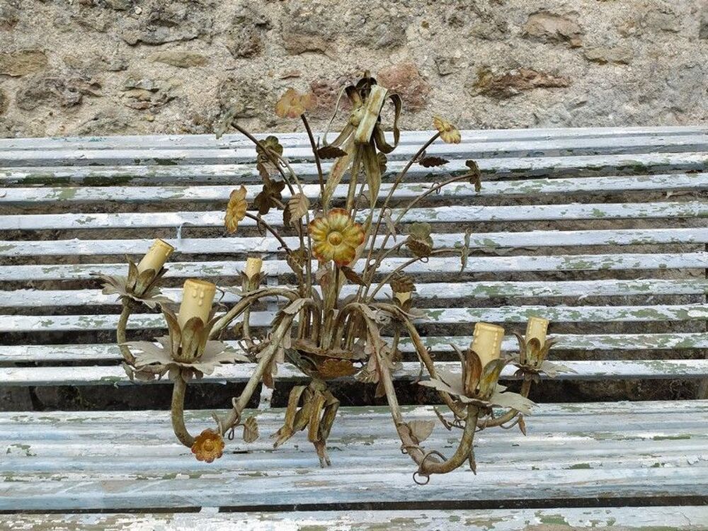 Ancien Grand Lustre Fleurs et Rubans M&eacute;tal Vintage Dcoration