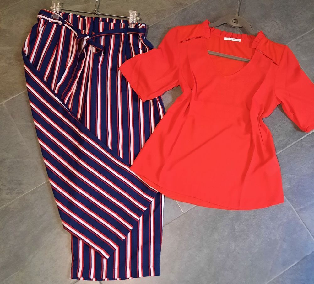 pantacourt estival ray&eacute; + le haut rouge assorti T 38 - 40 Vêtements