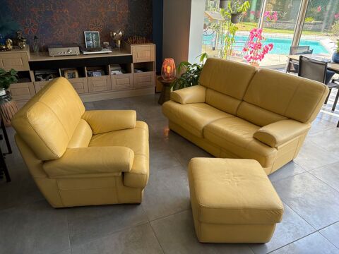 Ensemble canap fauteuil pouf cuir buffle jaune 4 places 230 Bey (71)