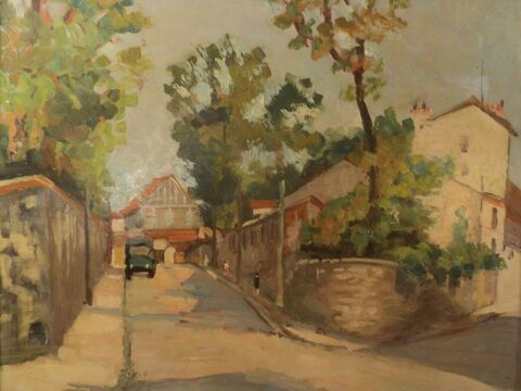 Tableau Paysage Rue Village Automobile Peintre  identifier. 160 Paris 1 (75)