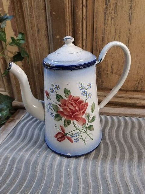 Ancienne Cafeti�re �maill�e D�cor Fleurs Roses 50 Loches (37)