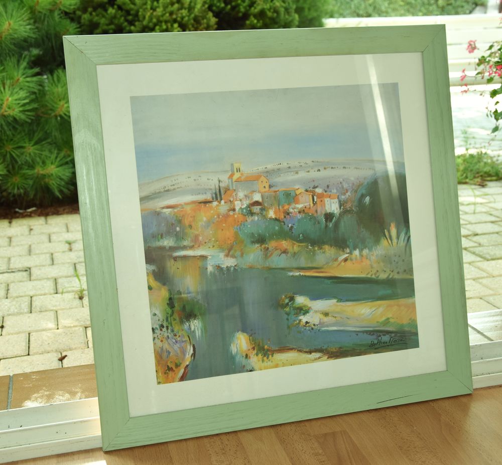 Tableau paysage. Cadre bois et verre. 56.5 cm. Décoration