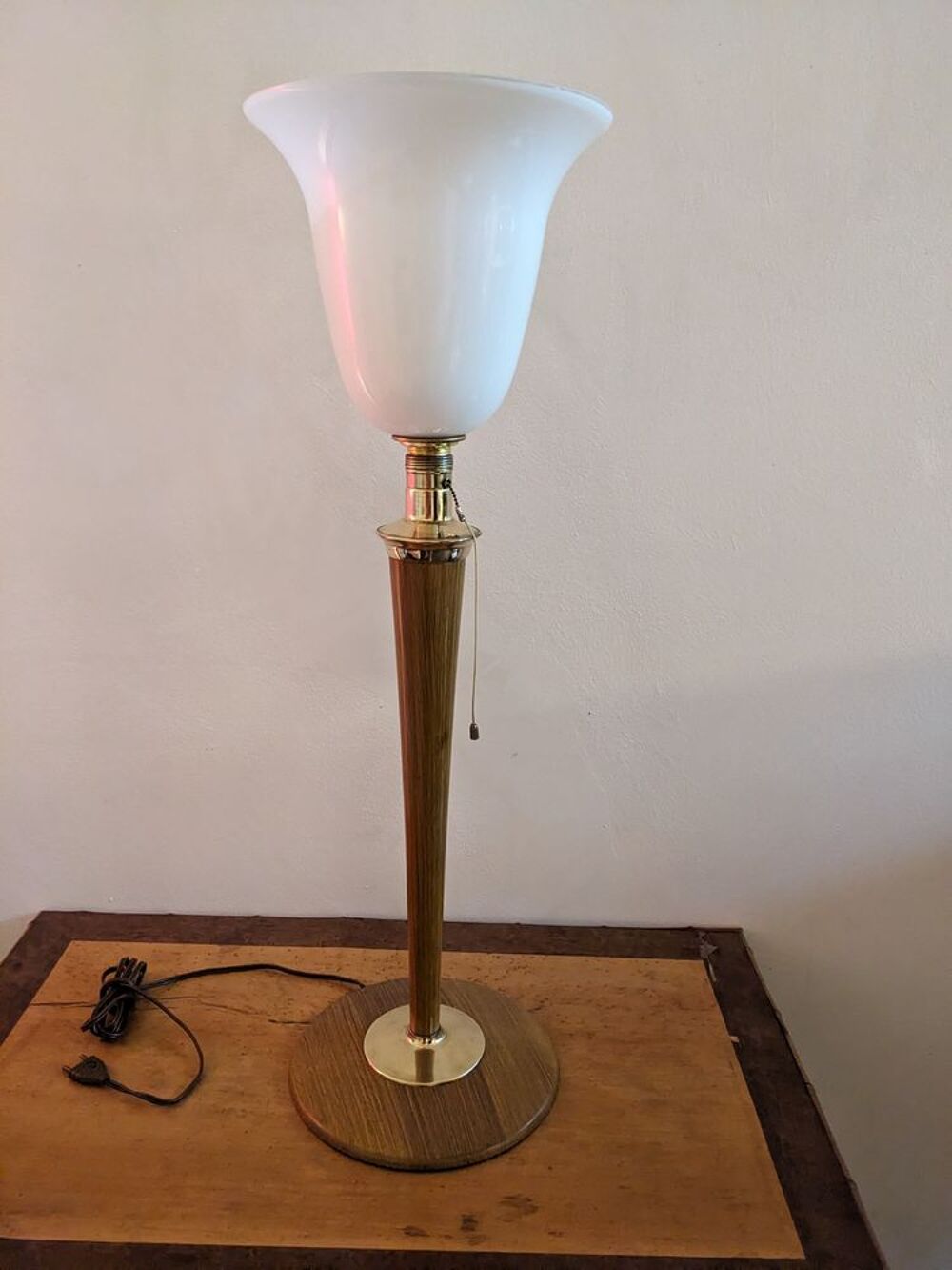 Belle lampe art d&eacute;co MAZDA COULEUR TECK avec tulipe en opali Décoration