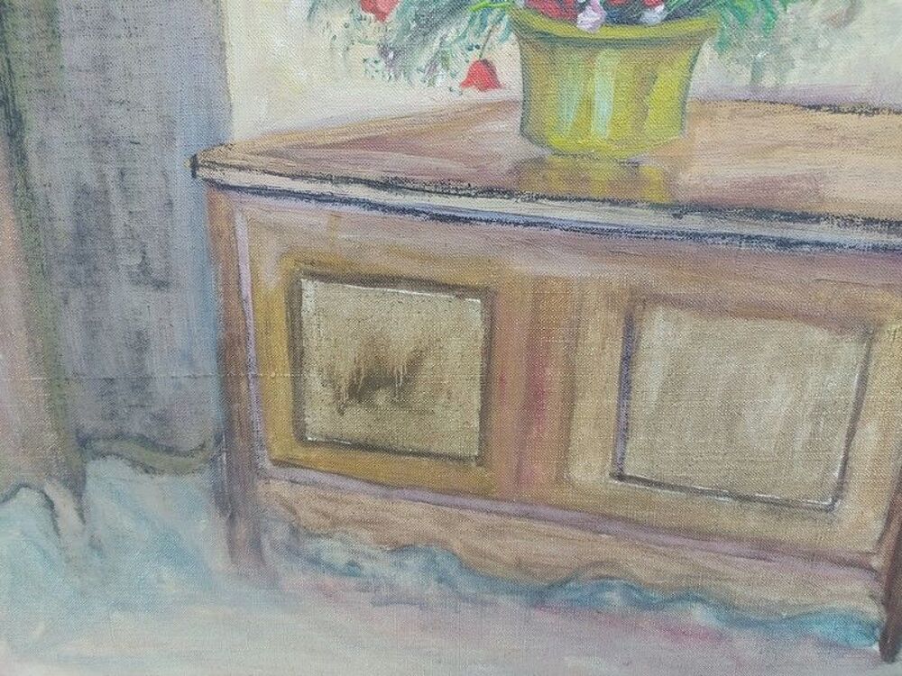 Ancien Tableau Sc&egrave;ne d'Int&eacute;rieur Bouquet de Fleurs Décoration