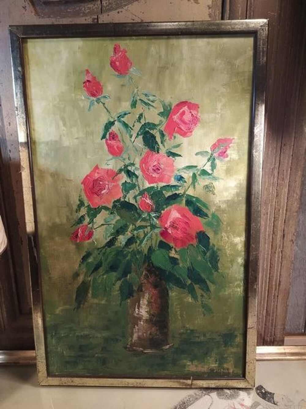 Tableau Peinture Bouquet de Roses Rouges Vers 1960. Décoration