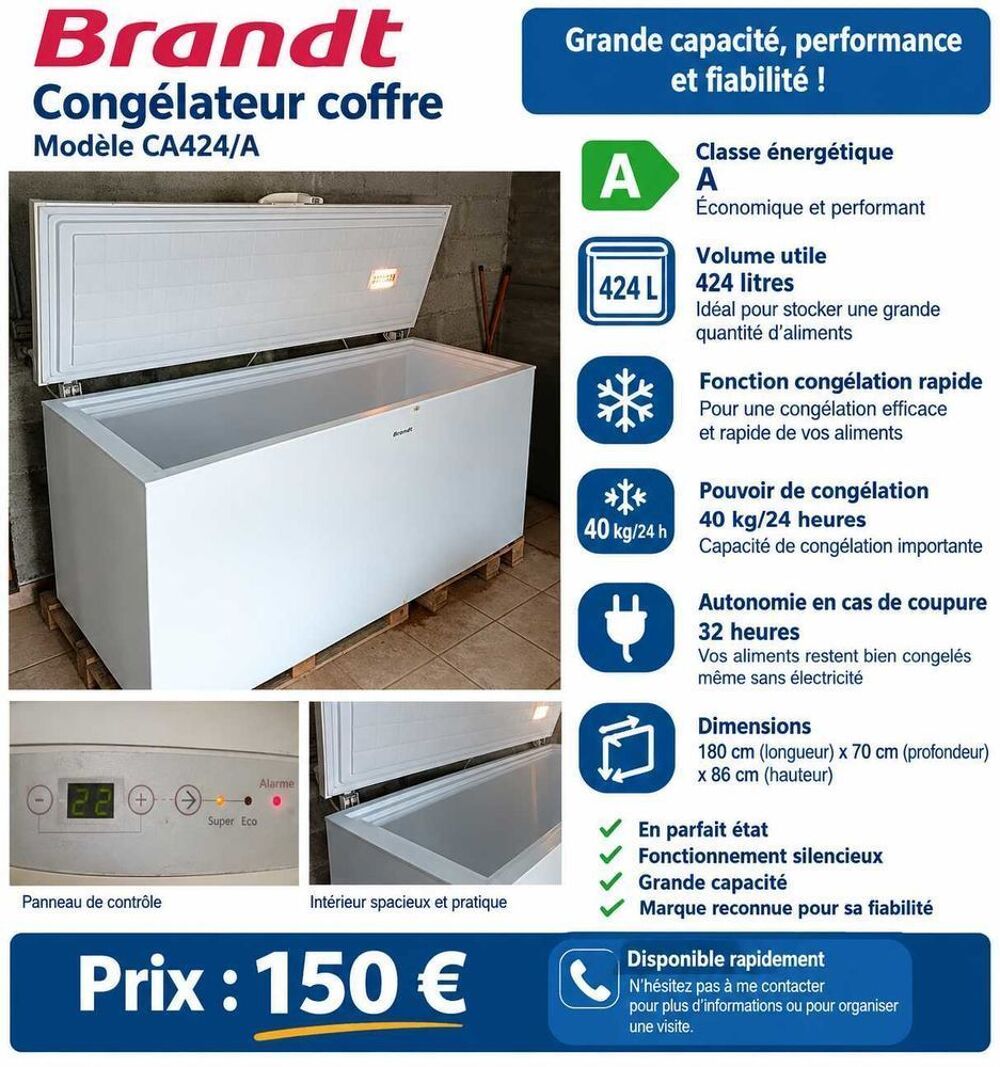 2 Cong&eacute;lateur Bahut Brandt 424/L /Vestfrost 492/L Fonction rapide Pourvoir 30/40kg/24h Electroménager