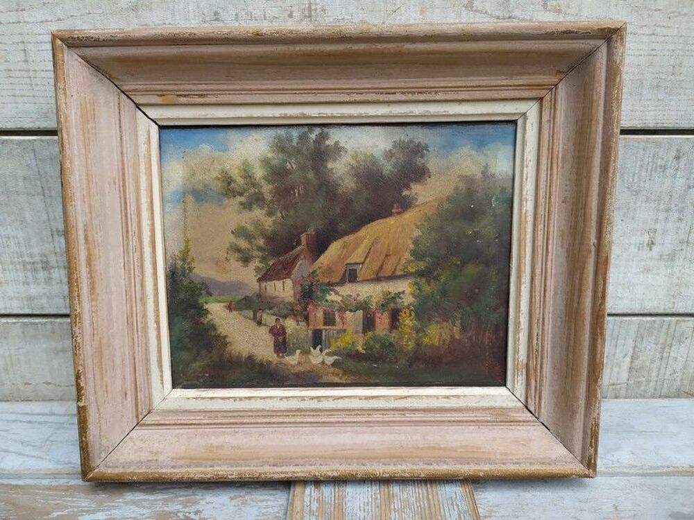Tableau Peinture Ferme Chaumi&egrave;re Normande Sign&eacute; E. Jacquet Décoration