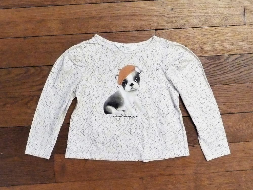 Tee Shirt/ Top Blanc avec Motif Chiot- Taille 2/4 ans- H&amp;M Vêtements enfants