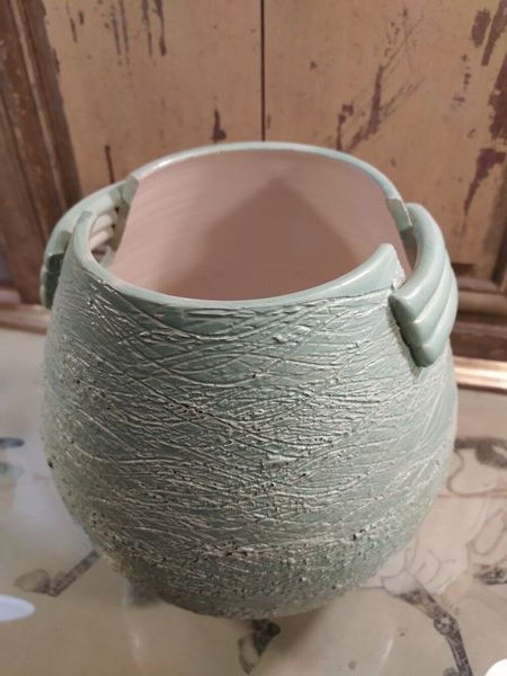 Ancien Vase C&eacute;ramique Vert P&acirc;le Vintage Décoration