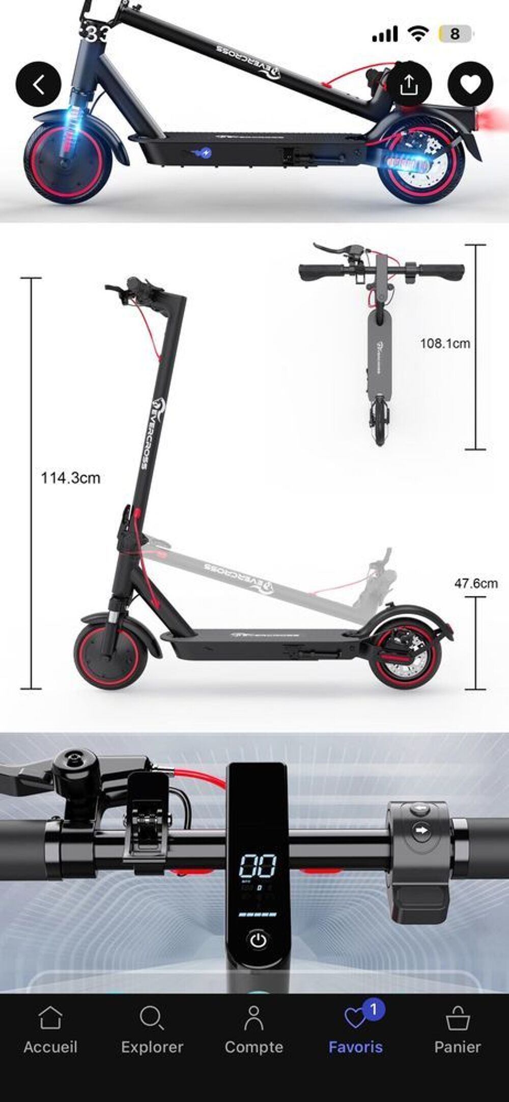 Trottinette Electrique Pliable 8,5"-Moteur 350W-36V/7.8AH-Double Frein-APP EV85F Vélos