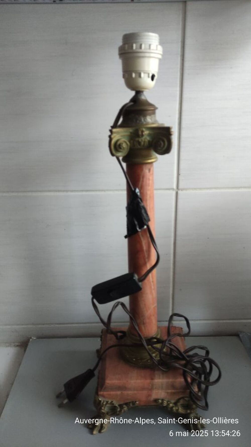 Lampe de Table Vintage en Marbre et M&eacute;tal Dor&eacute; 