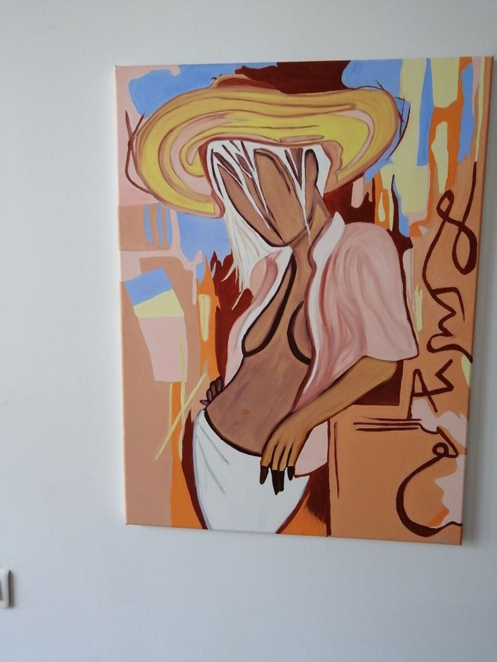 PEINTURE A L HUILE SUR TOILE COTON LA FEMME AU CHAPEAU Décoration