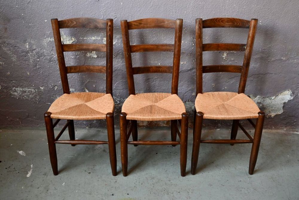 Lot de 3 Chaises paille et bois anciennes design brutaliste Meubles