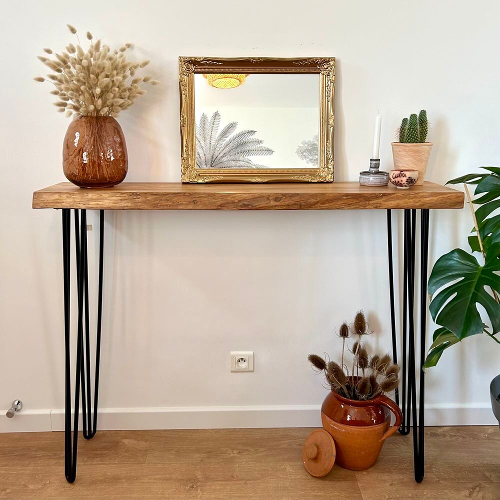 Console d'entr&eacute;e en bois massif et m&eacute;tal noir Meubles