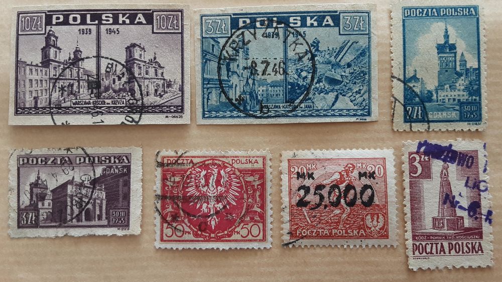 7 timbres &agrave; collection POLOGNE oblit&eacute;r&eacute;s des ann&eacute;es 1946 