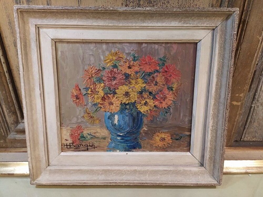 Ancien Tableau Bouquet de Fleurs Sign&eacute; Henri Bargin ca1960 Dcoration