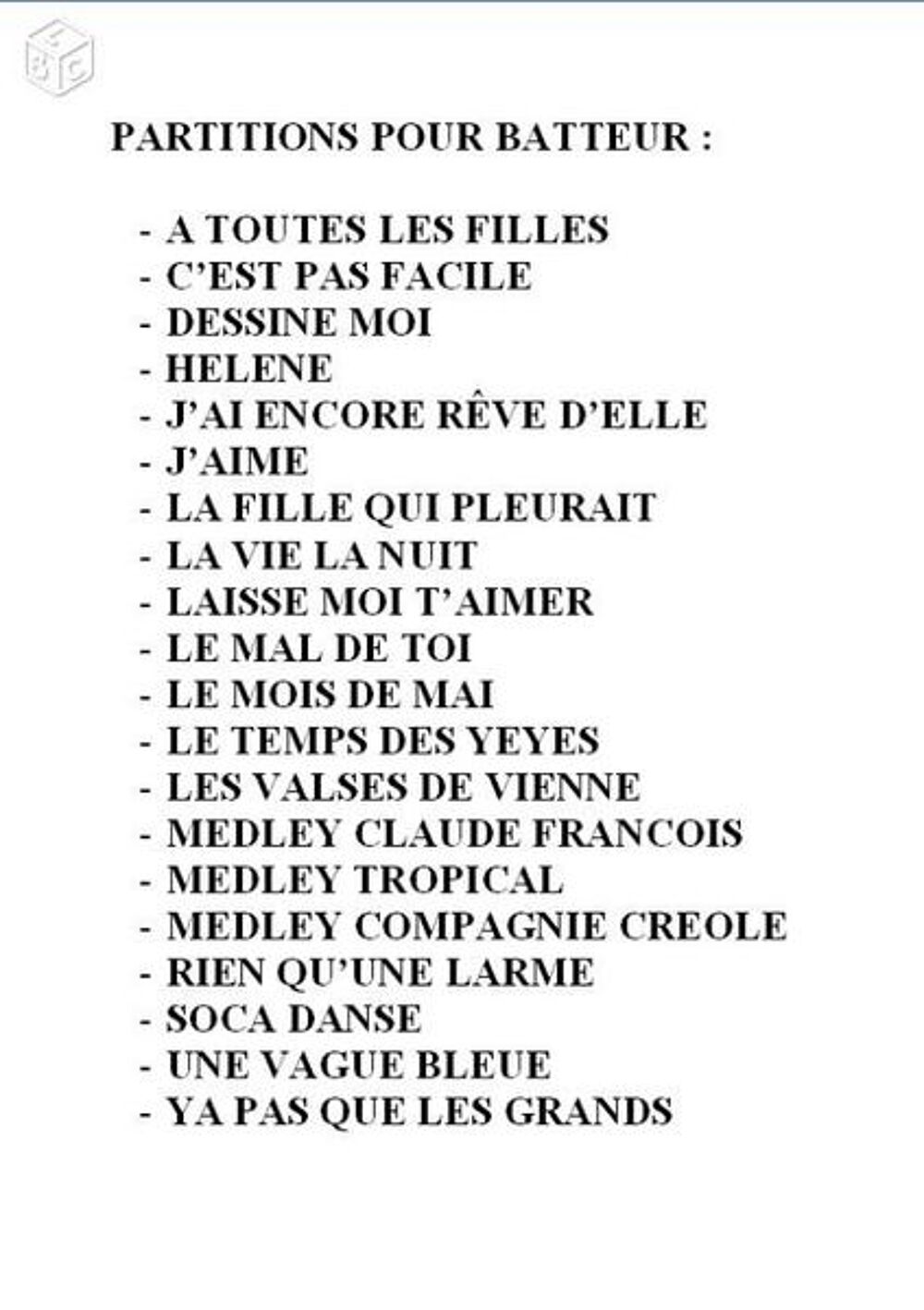 PARTITIONS POUR BATTEUR :
Instruments de musique
