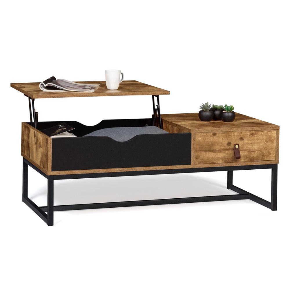 Table basse plateau relevable et un tiroir en bois et m&eacute;tal Meubles