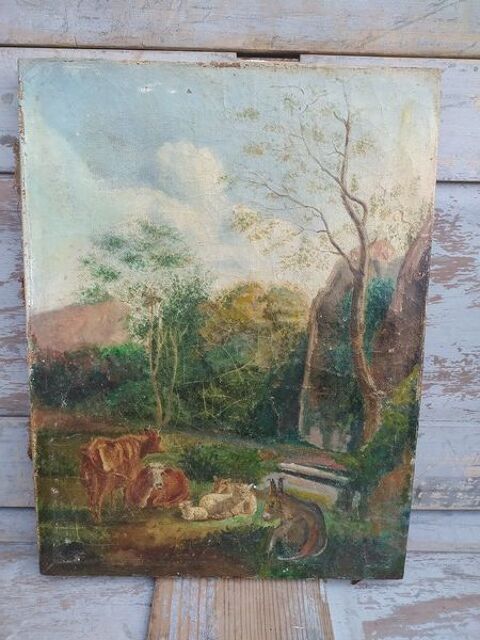 Tableau Scène Pastorale ou Biblique Vaches Âne XVIIIeme  55 Loches (37)
