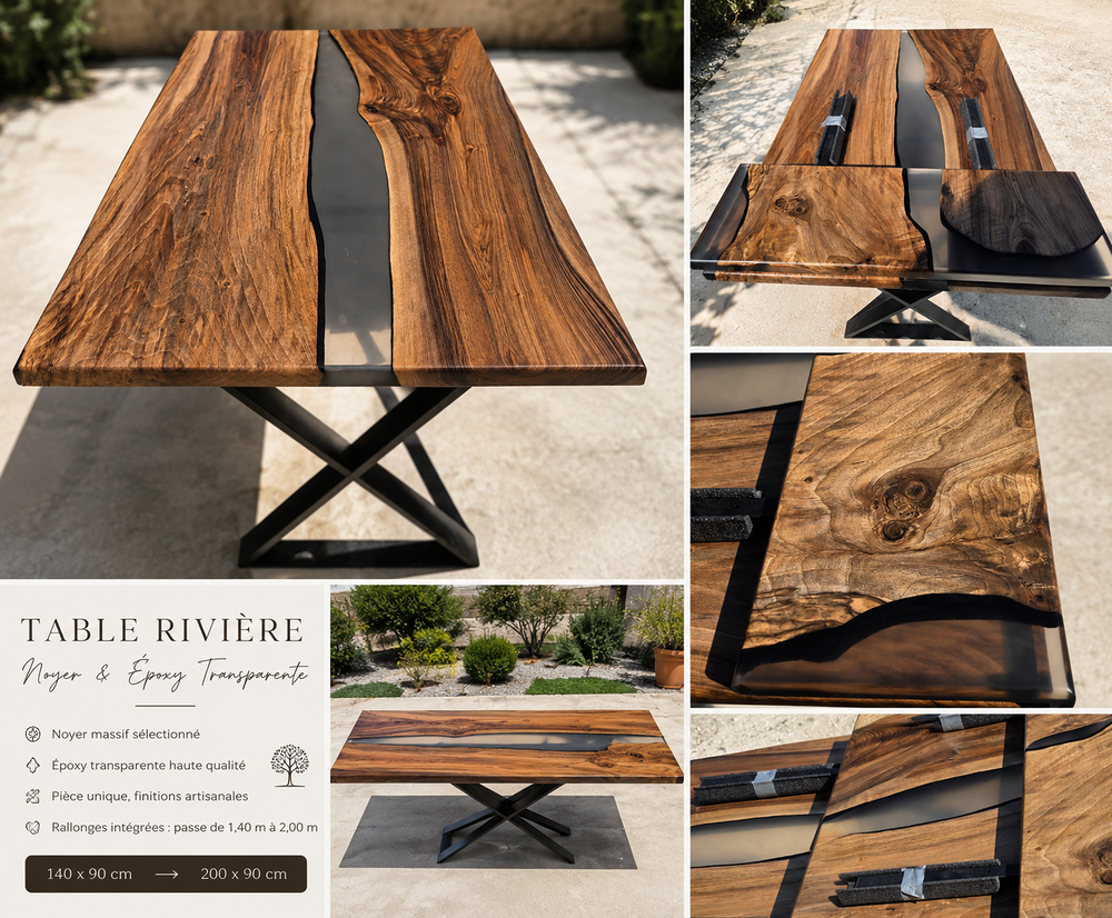 Magnifique table en noyer resine transparente neuve Meubles