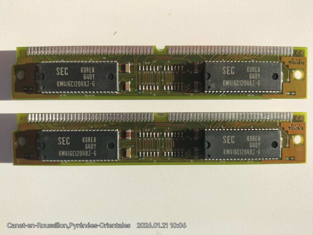 Lot 2 M&eacute;moires "Vintage" Simm EDO 72-pins &amp; 2 faces 8M_60ns Matériel informatique