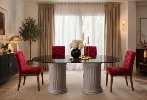 Grande table en verre marron noir et pied en rotin gris Mauron (56)