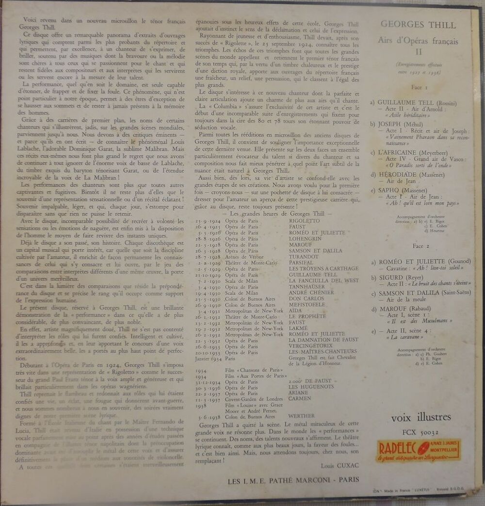 Georges Thill airs d'op&eacute;ra Fran&ccedil;ais Voix illustres 33 tours CD et vinyles