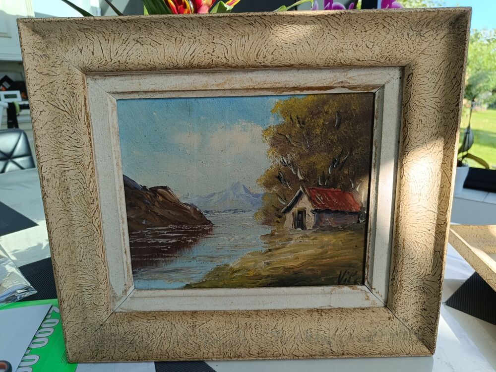 Tableau paysage encadr&eacute; maison au bord du lac 