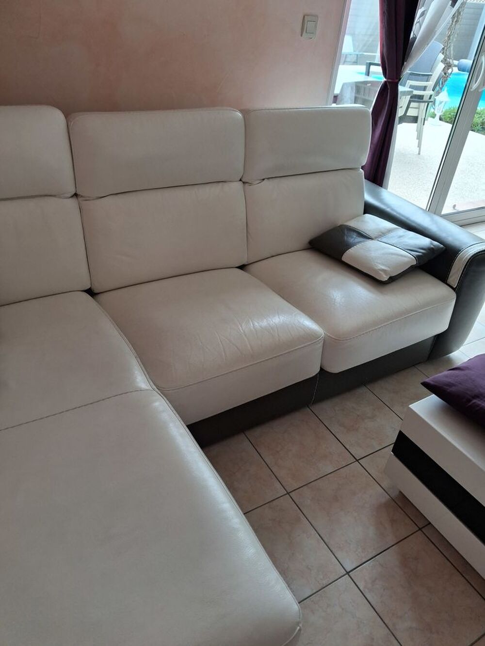 canap&eacute; avec m&eacute;ridienne en pur cuir vachette + coussins Meubles
