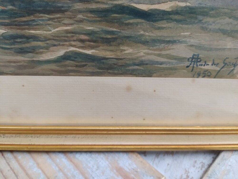 ANDR&Eacute; DES GACHONS Tableau Aquarelle Marine Bateau de P&ecirc;che 
