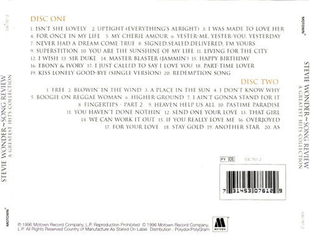 coffret 2 cd Stevie Wonder Song Review / A Greatest Hits Co CD et vinyles
