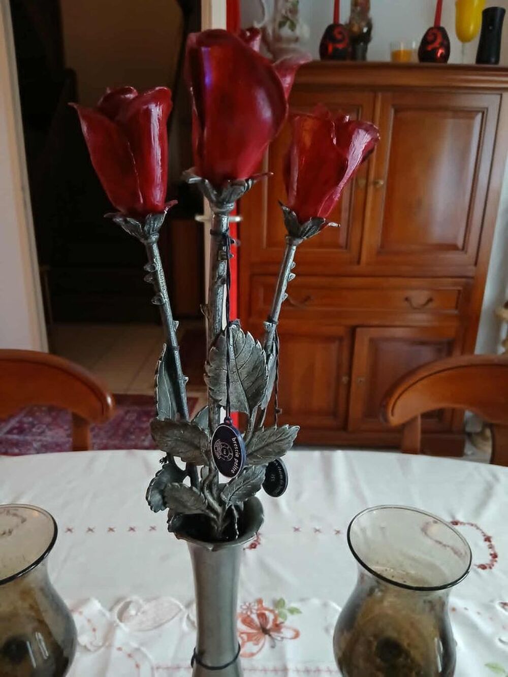  Vase vintage 3 roses &eacute;tain 2 photophores &eacute;tain verre bull&eacute; D�coration