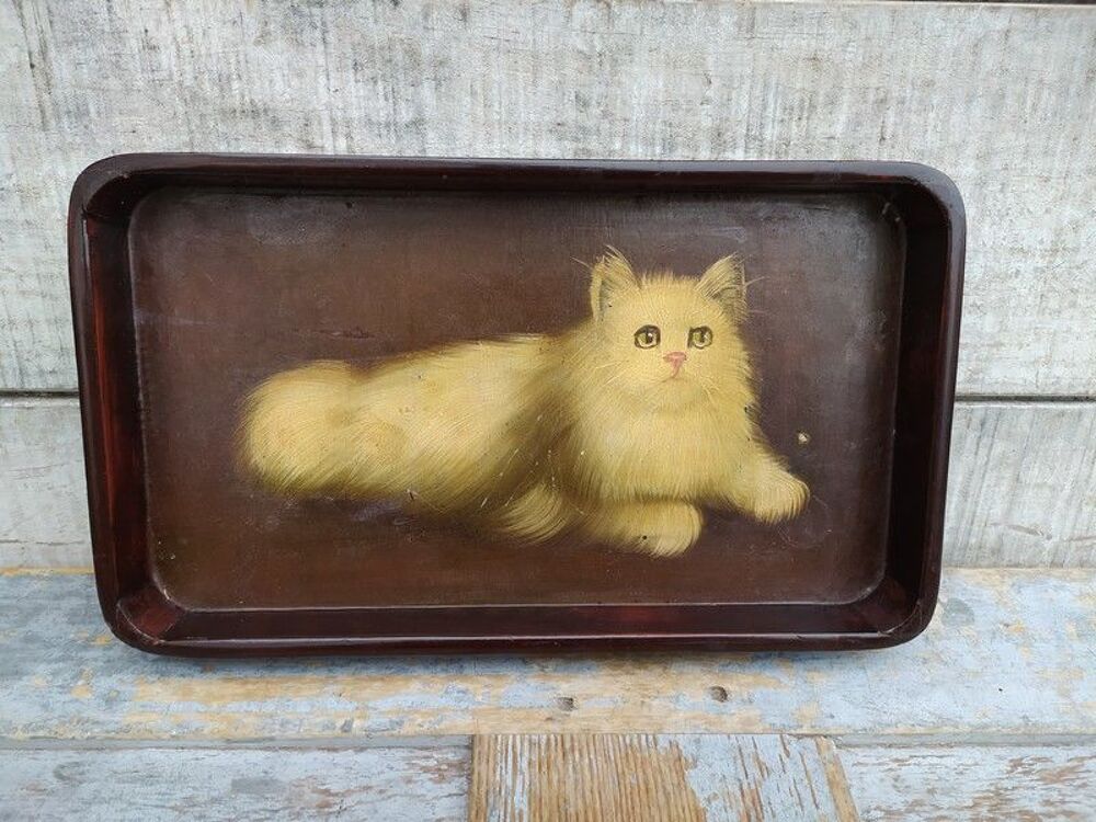  Ancien Petit Plateau D&eacute;cor Laqu&eacute; Peinture Chat 
Décoration