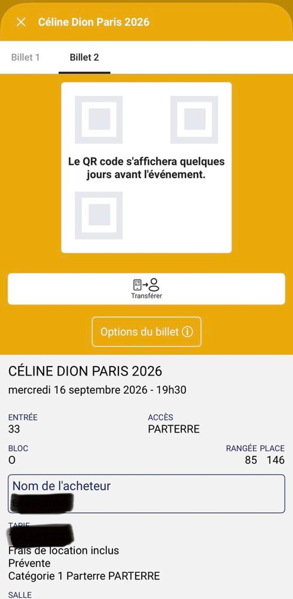 2 places C&eacute;line Dion Paris 16 septembre 26 ? Cat. 1 Parterre Billetterie
