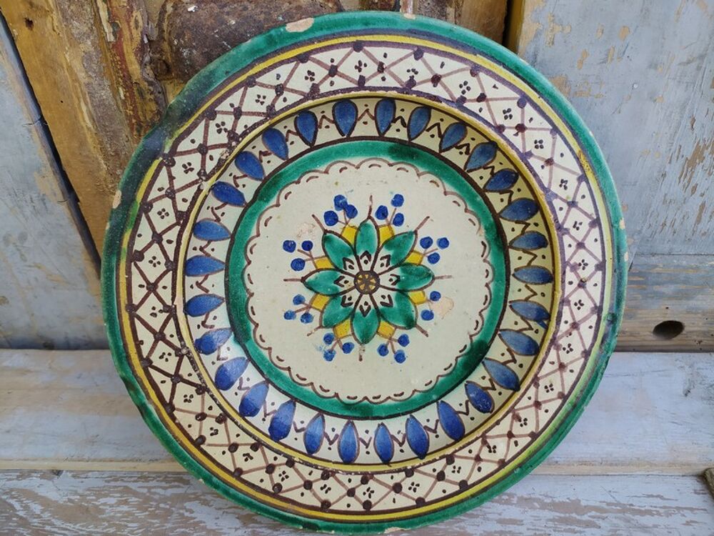 Ancien Plat C&eacute;ramique Polychrome Maroc XIX&egrave;me 