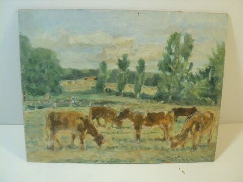 Ancien Tableau Impressionniste Paysage de Campagne Vaches 50 Loches (37)
