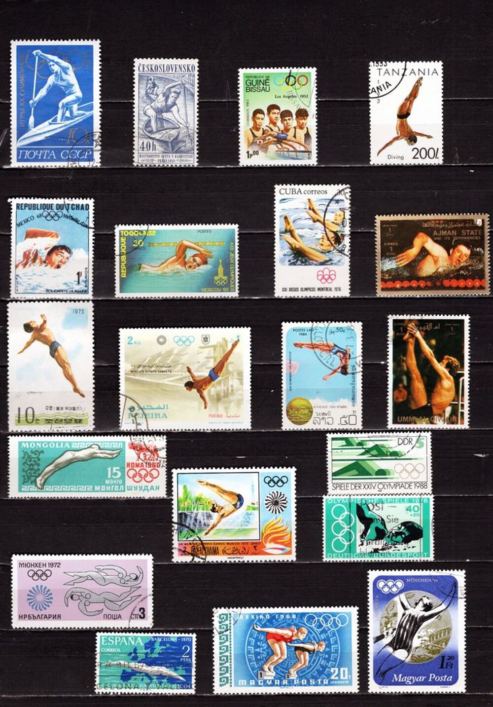 lot de 49 timbres du MONDE sur les SPORTS AQUATIQUES 