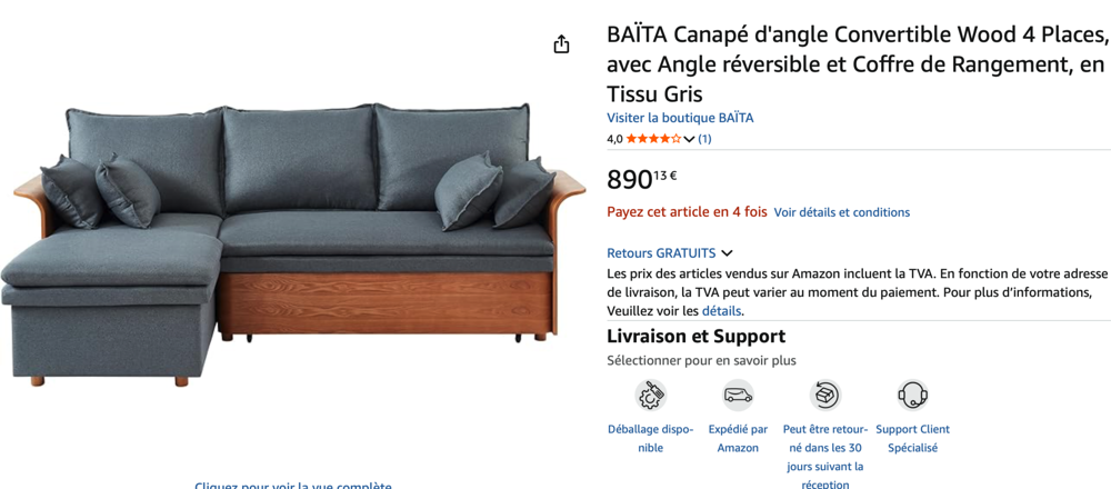 Canap&eacute; d'angle BAITA r&eacute;versible 4 places convertible Meubles