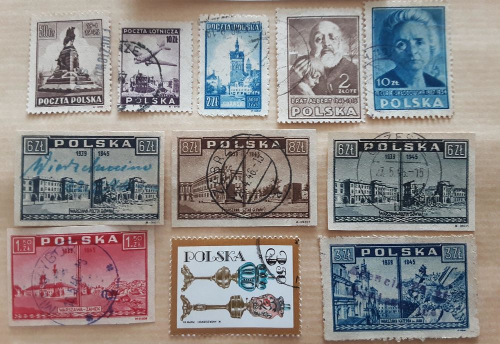 11 timbres &agrave; collection POLOGNE oblit&eacute;r&eacute;s des ann&eacute;es 1946 