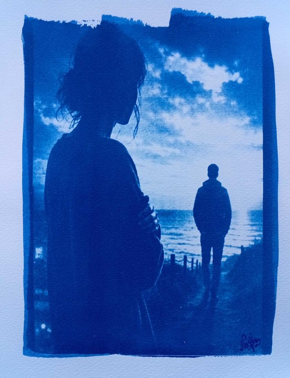 Photographie en Cyanotype, Proc&eacute;d&eacute; Photographique 1982, "LE DEPART", 20,8cm/16,5cm, &eacute;tat neuf Décoration