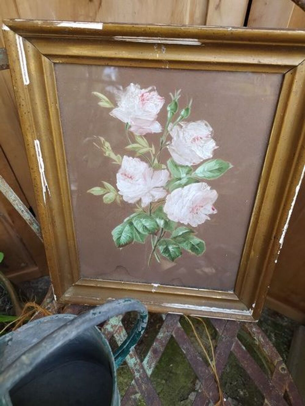 Ancien Tableau Fleurs de Rosiers Rose P&acirc;le Décoration