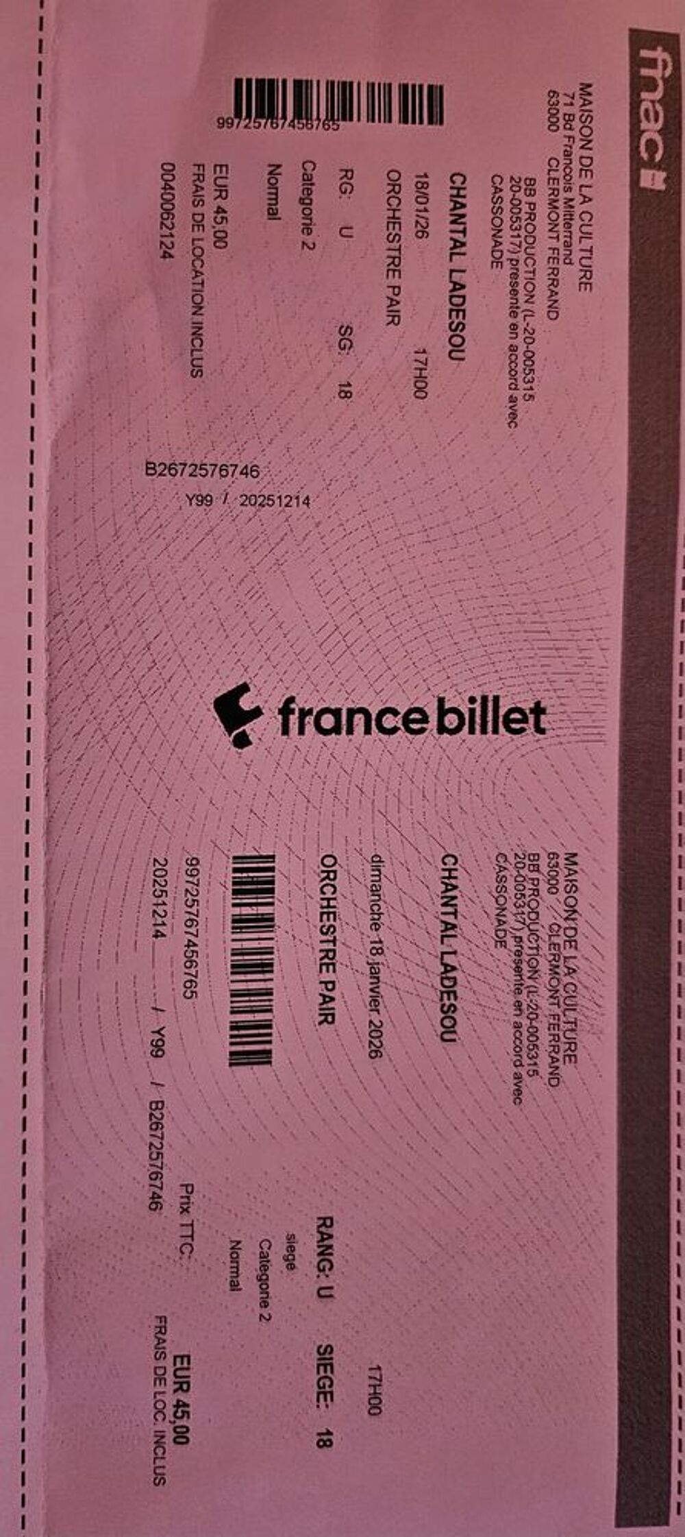 deux billets pour le spectacle de Chantal ladesou. Billetterie