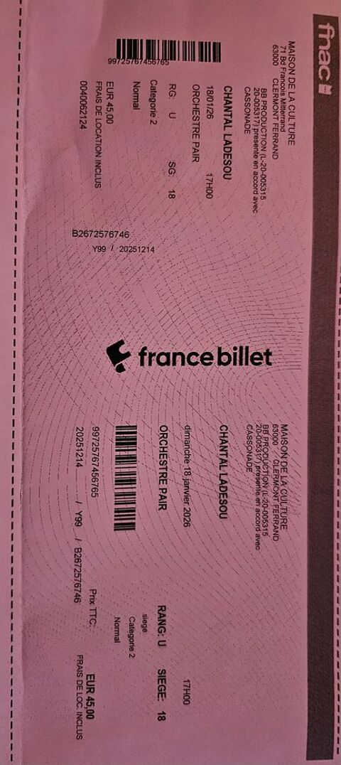 deux billets pour le spectacle de Chantal ladesou. 30 Clermont-Ferrand (63)