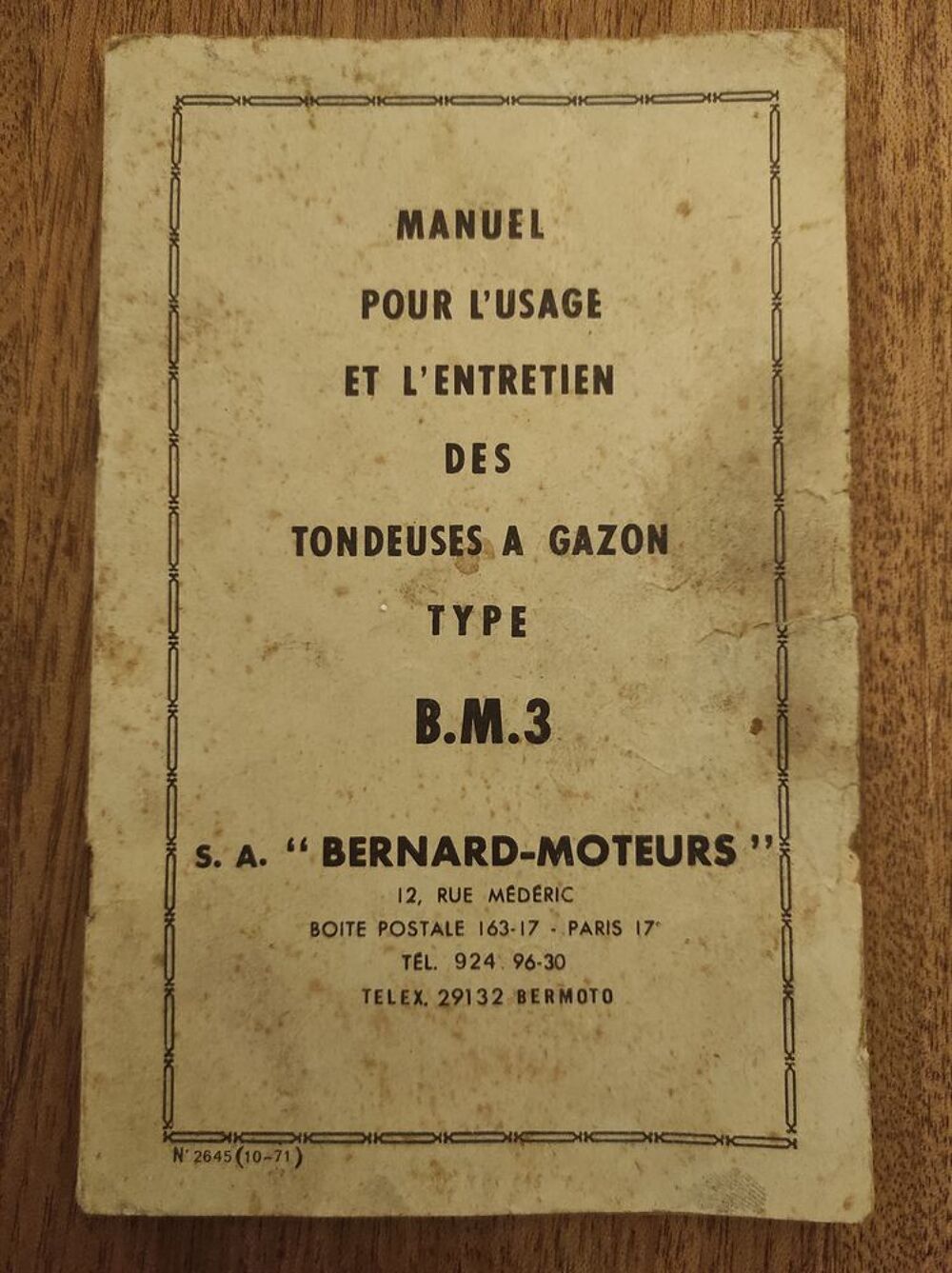 Manuel d'Entretien Tondeuse Bernard BM3 de 1971 Jardin